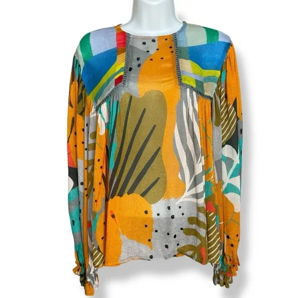 Anthropologie Bl-nk Miranda Peasant Blouse Colorful Abstract Print Size XS Women - Picture 2 of 15